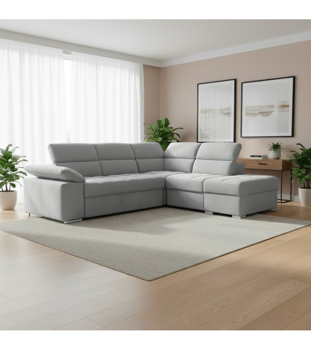 Divano letto angolare Capri reversibile con 5 poggiatesta regolabili e pouf indipendente in Aragon 80 grigio chiaro