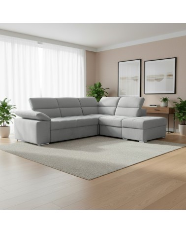 Divano letto angolare Capri reversibile con 5 poggiatesta regolabili e pouf indipendente in Aragon 80 grigio chiaro