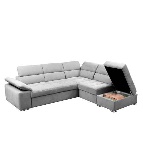 Divano letto angolare Capri reversibile con 5 poggiatesta regolabili e pouf indipendente in Aragon 80 grigio chiaro