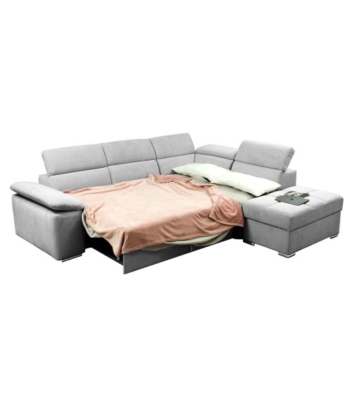 Divano letto angolare Capri reversibile con 5 poggiatesta regolabili e pouf indipendente in Aragon 80 grigio chiaro