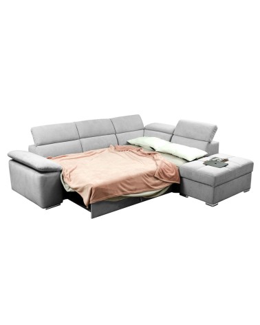 Divano letto angolare Capri reversibile con 5 poggiatesta regolabili e pouf indipendente in Aragon 80 grigio chiaro