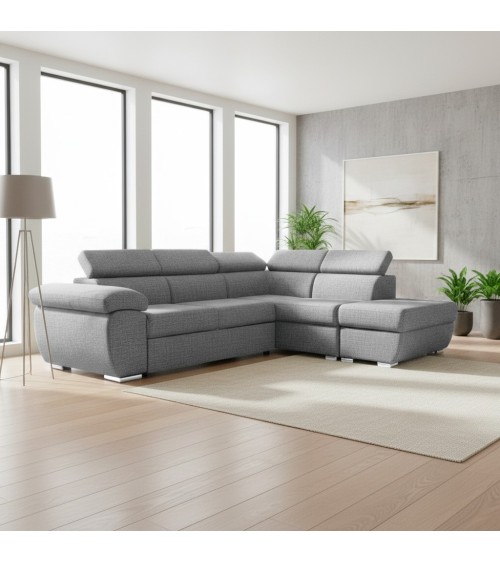 Divano letto Fiona angolare con penisola destra e pouf contenitore in tessuto Aragon 83 grigio