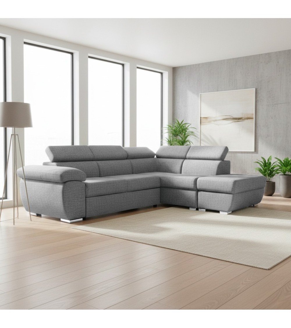 Divano letto Fiona angolare con penisola destra e pouf contenitore in tessuto Aragon 83 grigio