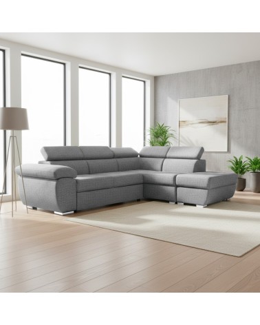 Divano letto Fiona angolare con penisola destra e pouf contenitore in tessuto Aragon 83 grigio