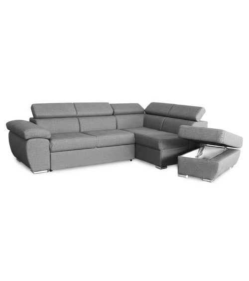 Divano letto Fiona angolare con penisola destra e pouf contenitore in tessuto Aragon 83 grigio
