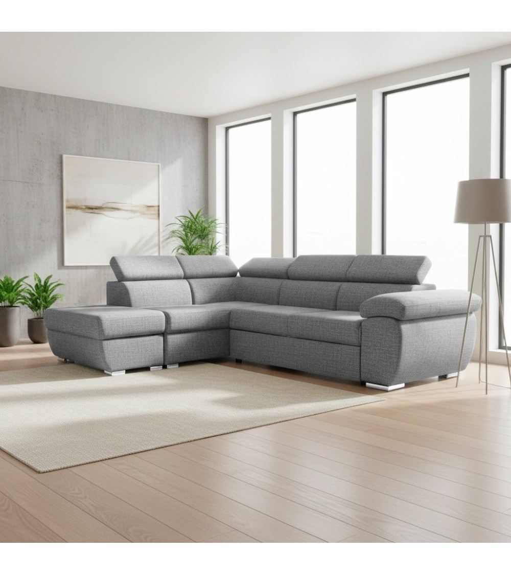Divano letto Fiona angolare con penisola sinistra e pouf contenitore in tessuto Aragon 83 grigio
