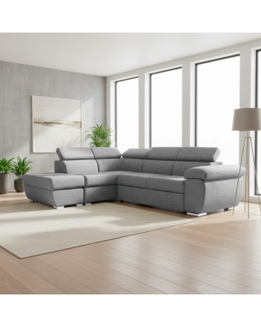 Divano letto Fiona angolare con penisola sinistra e pouf contenitore in tessuto Aragon 83 grigio