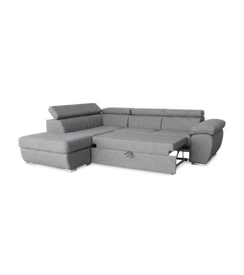 Divano letto Fiona angolare con penisola sinistra e pouf contenitore in tessuto Aragon 83 grigio