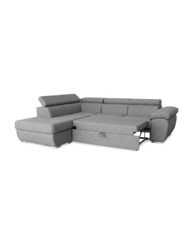 Divano letto Fiona angolare con penisola sinistra e pouf contenitore in tessuto Aragon 83 grigio