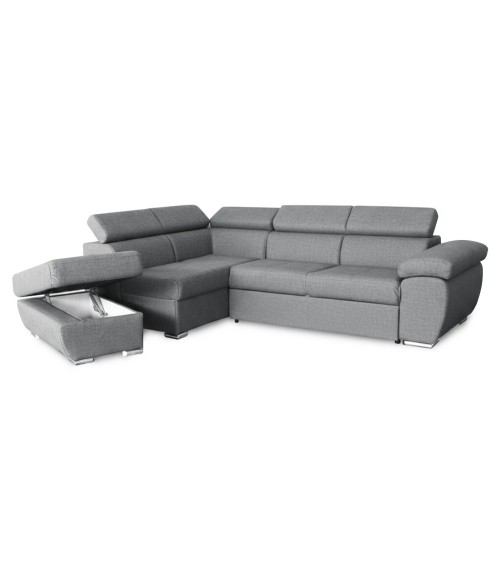 Divano letto Fiona angolare con penisola sinistra e pouf contenitore in tessuto Aragon 83 grigio