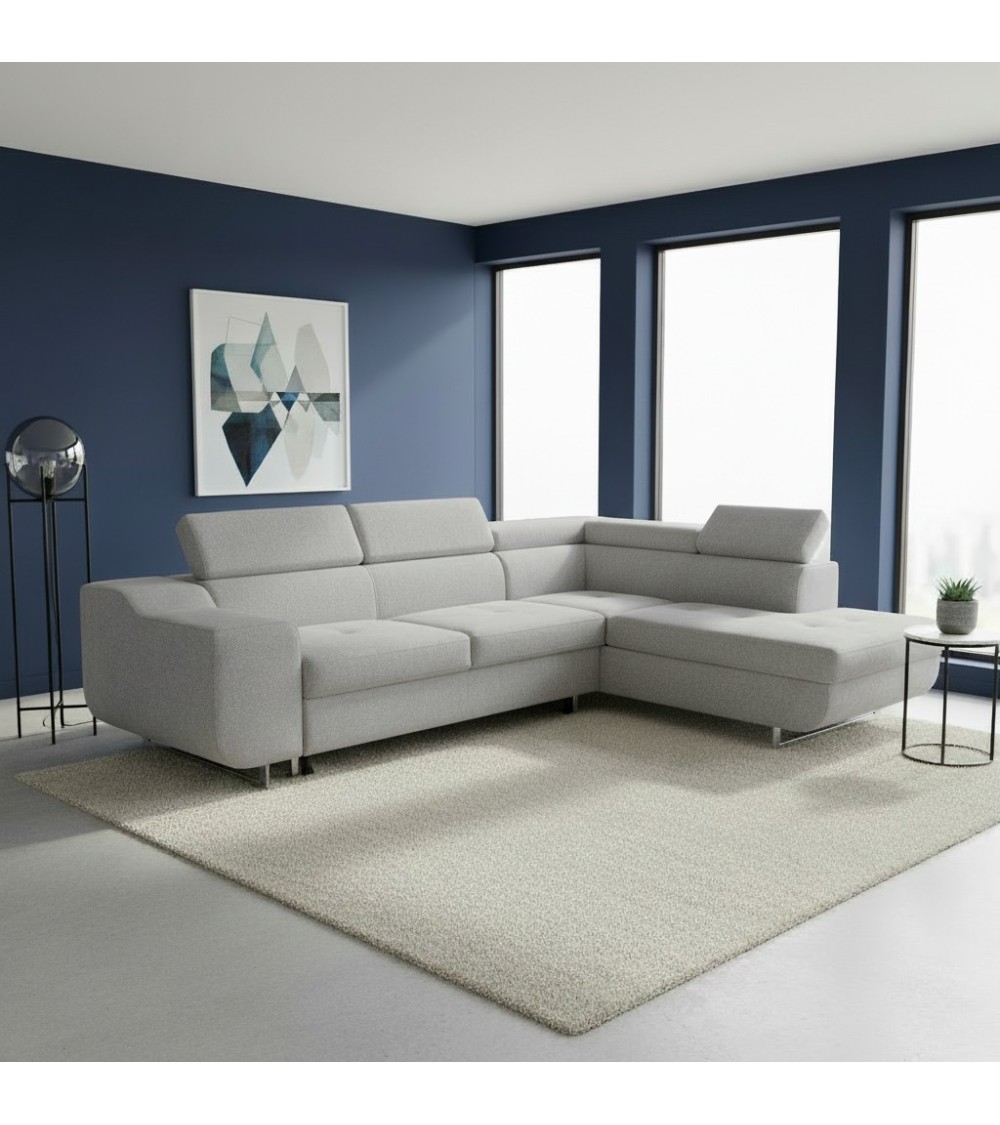 Divano letto angolare Casablanca con penisola contenitore destra in tessuto Aragon 80 grigio chiaro