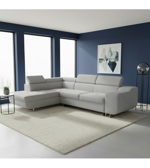 Divano letto angolare Casablanca con penisola contenitore sinistra in tessuto Aragon 80 grigio chiaro