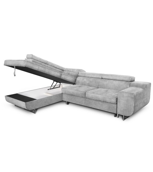 Divano letto angolare Casablanca con penisola contenitore sinistra in tessuto Aragon 80 grigio chiaro