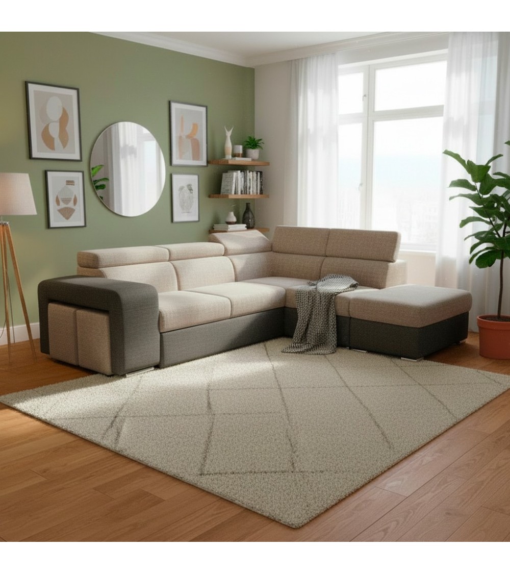Divano letto angolare Sophie con penisola destra con pouf contenitore e 2 pouf estraibili in Aragon 20 e Aragon 97