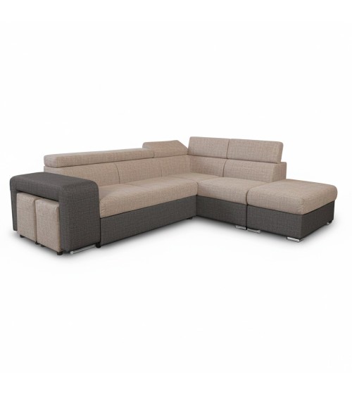 Divano letto angolare Sophie con penisola destra con pouf contenitore e 2 pouf estraibili in Aragon 20 e Aragon 97