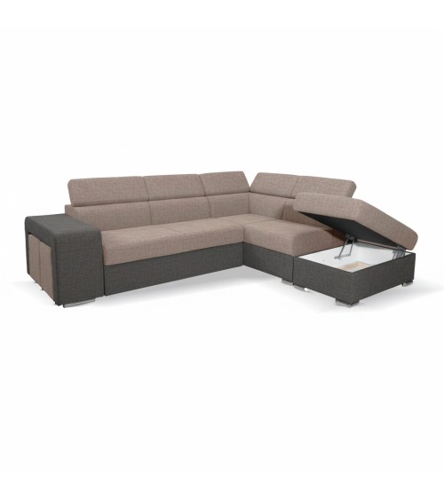 Divano letto angolare Sophie con penisola destra con pouf contenitore e 2 pouf estraibili in Aragon 20 e Aragon 97