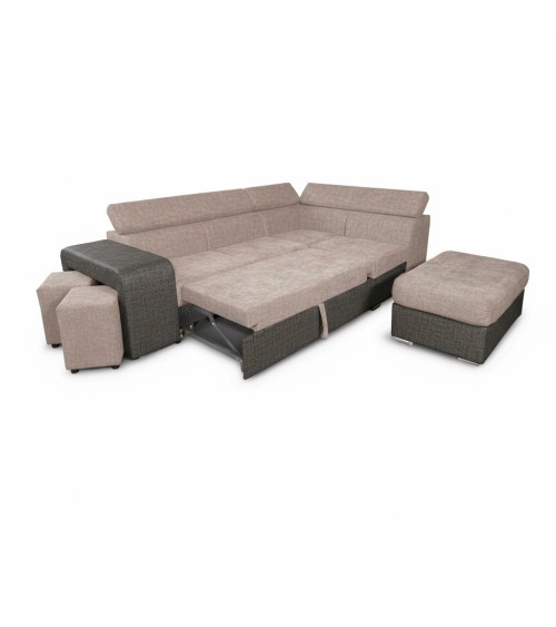 Divano letto angolare Sophie con penisola destra con pouf contenitore e 2 pouf estraibili in Aragon 20 e Aragon 97