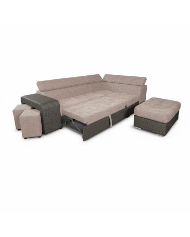 Divano letto angolare Sophie con penisola destra con pouf contenitore e 2 pouf estraibili in Aragon 20 e Aragon 97
