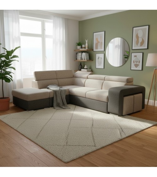 Divano letto angolare Sophie con penisola sinistra con pouf contenitore e 2 pouf estraibili in Aragon 20 e Aragon 97
