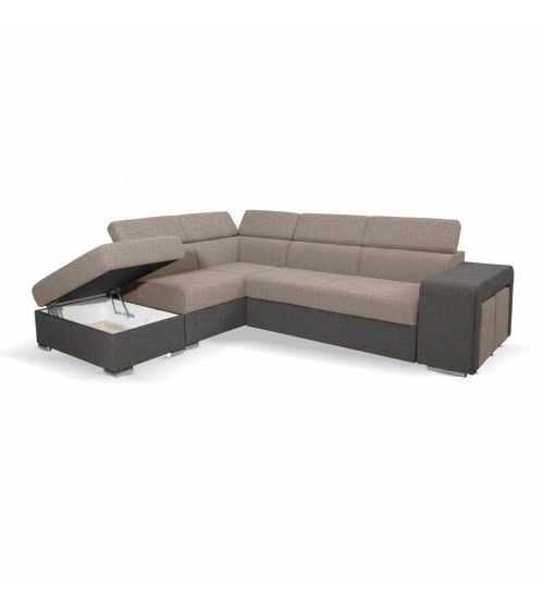Divano letto angolare Sophie con penisola sinistra con pouf contenitore e 2 pouf estraibili in Aragon 20 e Aragon 97