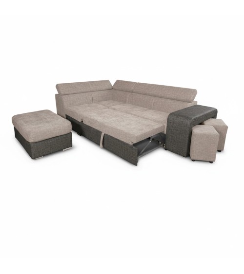 Divano letto angolare Sophie con penisola sinistra con pouf contenitore e 2 pouf estraibili in Aragon 20 e Aragon 97