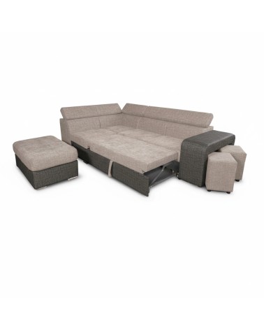 Divano letto angolare Sophie con penisola sinistra con pouf contenitore e 2 pouf estraibili in Aragon 20 e Aragon 97