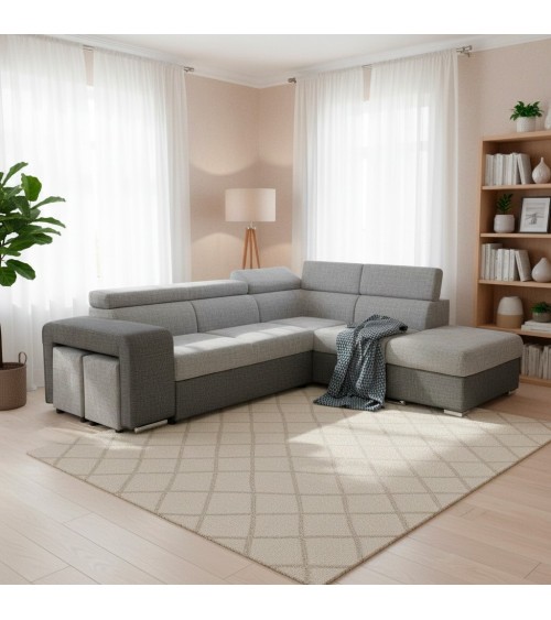 Divano letto angolare Sophie con penisola destra con pouf contenitore e 2 pouf estraibili in Giulia 9713 e Giulia 9712