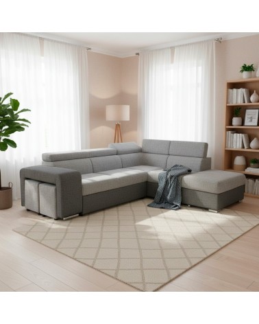 Divano letto angolare Sophie con penisola destra con pouf contenitore e 2 pouf estraibili in Giulia 9713 e Giulia 9712