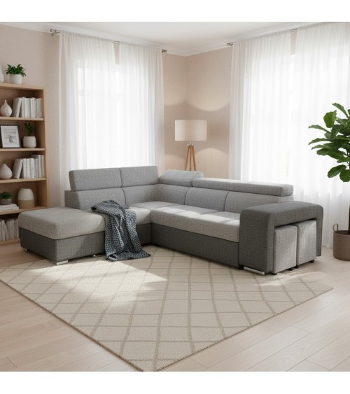 Divano letto angolare Sophie con penisola sinistra con pouf contenitore e 2 pouf estraibili in Giulia 9713 e Giulia 9712