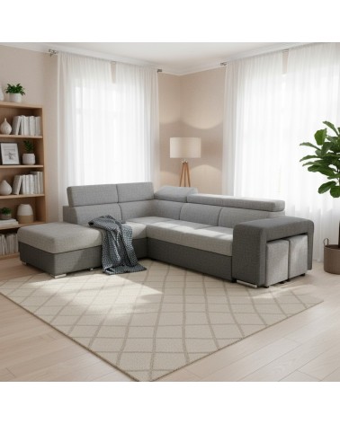 Divano letto angolare Sophie con penisola sinistra con pouf contenitore e 2 pouf estraibili in Giulia 9713 e Giulia 9712