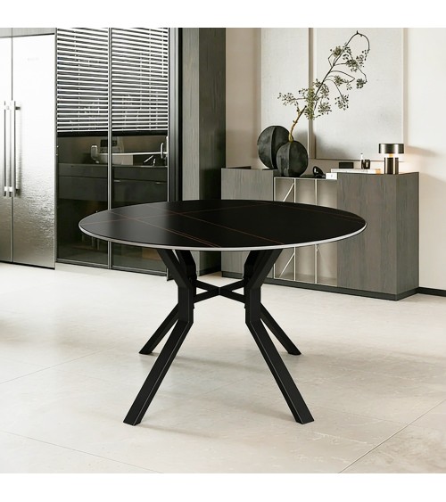 Tavolo rotondo fisso Aurora con piano in ceramica nero opaco con venature oro e struttura in metallo nero