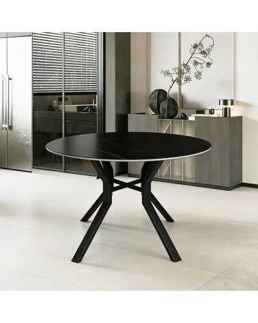 Tavolo rotondo fisso Aurora con piano in ceramica nero opaco con venature oro e struttura in metallo nero