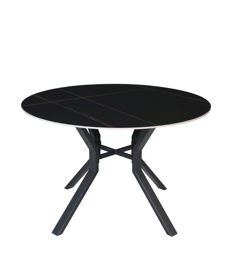 Tavolo rotondo fisso Aurora con piano in ceramica nero opaco con venature oro e struttura in metallo nero