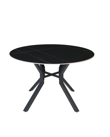 Tavolo rotondo fisso Aurora con piano in ceramica nero opaco con venature oro e struttura in metallo nero