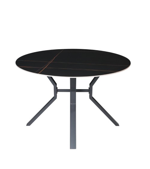 Tavolo rotondo fisso Aurora con piano in ceramica nero opaco con venature oro e struttura in metallo nero
