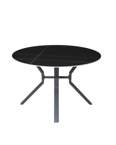 Tavolo rotondo fisso Aurora con piano in ceramica nero opaco con venature oro e struttura in metallo nero