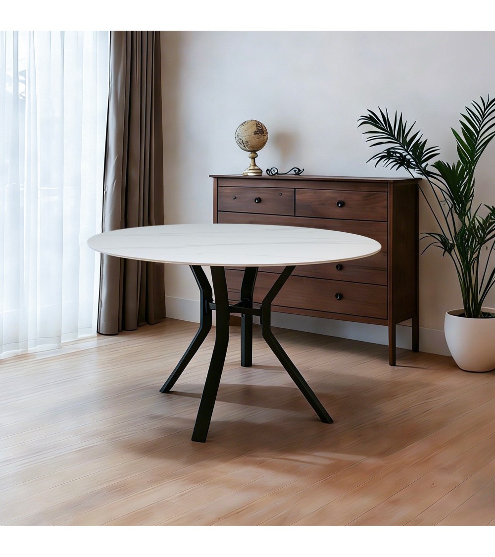 Tavolo rotondo fisso Aurora con piano in ceramica bianco lucido e struttura in metallo nero