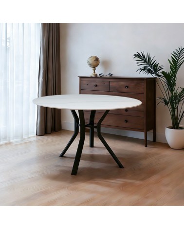 Tavolo rotondo fisso Aurora con piano in ceramica bianco lucido e struttura in metallo nero