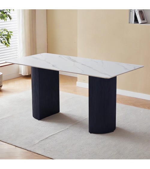 Tavolo rettangolare fisso Megalit con piano in ceramica bianco lucido e struttura in metallo nero