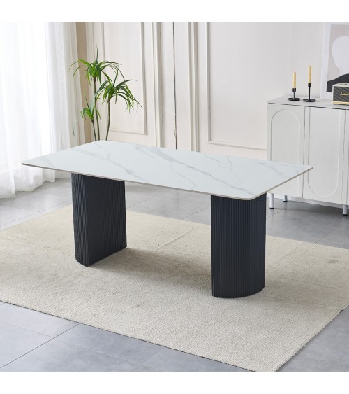 Tavolo rettangolare fisso Megalit con piano in ceramica bianco lucido e struttura in metallo nero