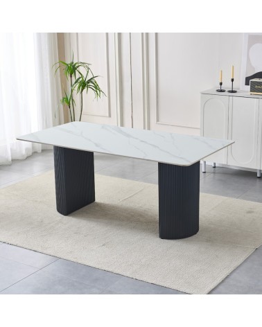 Tavolo rettangolare fisso Megalit con piano in ceramica bianco lucido e struttura in metallo nero