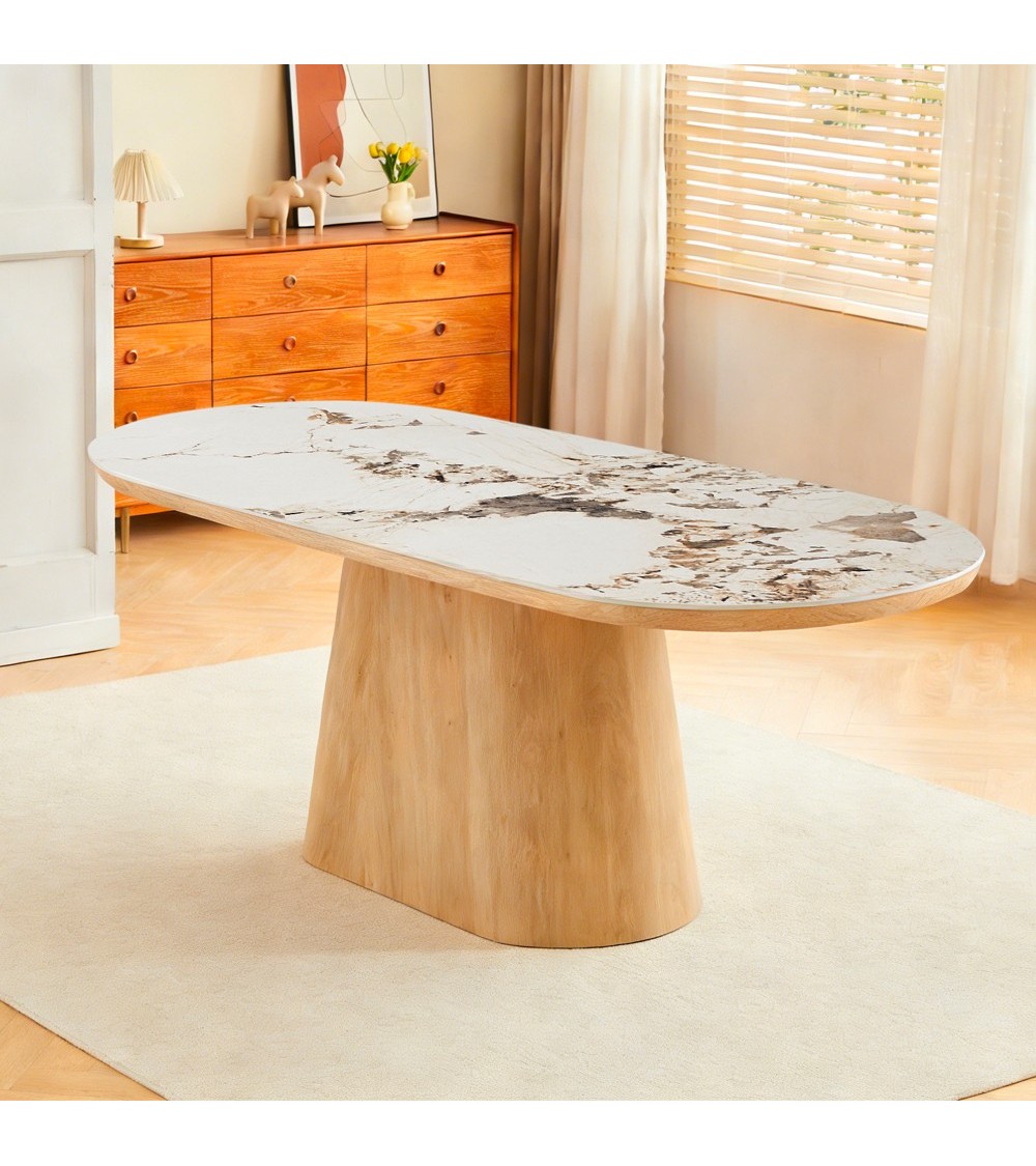 Tavolo ovale Nordico fisso con gamba effetto rovere naturale e top in ceramica effetto marmo bianco arabesque