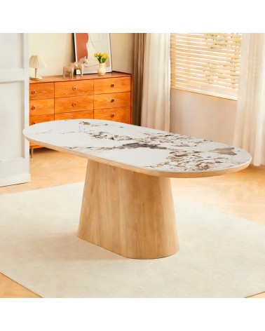 Tavolo ovale Nordico fisso con gamba effetto rovere naturale e top in ceramica effetto marmo bianco arabesque