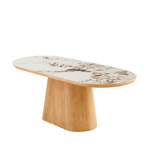 Tavolo ovale Nordico fisso con gamba effetto rovere naturale e top in ceramica effetto marmo bianco arabesque