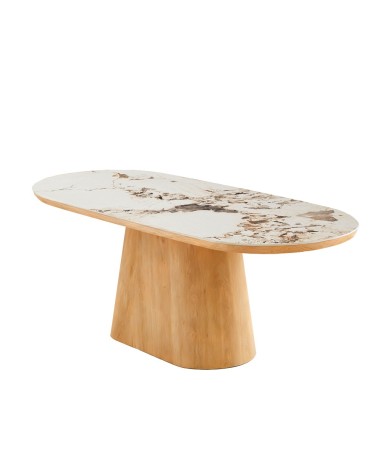 Tavolo ovale Nordico fisso con gamba effetto rovere naturale e top in ceramica effetto marmo bianco arabesque