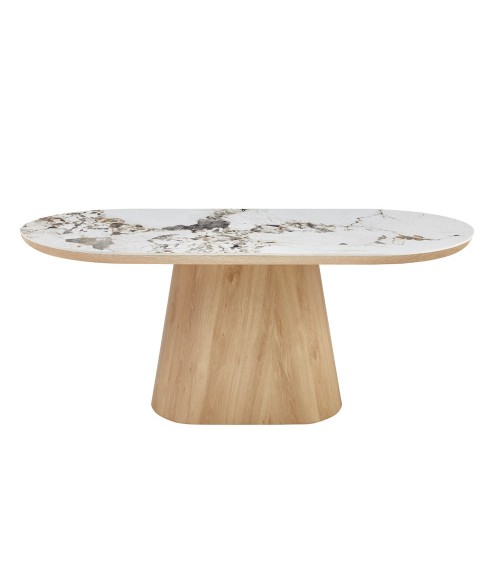 Tavolo ovale Nordico fisso con gamba effetto rovere naturale e top in ceramica effetto marmo bianco arabesque