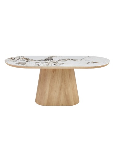 Tavolo ovale Nordico fisso con gamba effetto rovere naturale e top in ceramica effetto marmo bianco arabesque