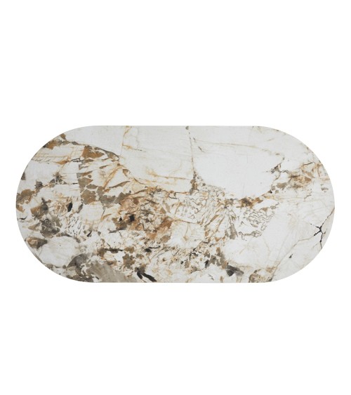 Tavolo ovale Nordico fisso con gamba effetto rovere naturale e top in ceramica effetto marmo bianco arabesque