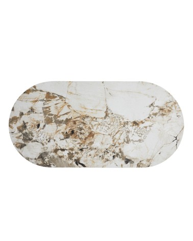 Tavolo ovale Nordico fisso con gamba effetto rovere naturale e top in ceramica effetto marmo bianco arabesque