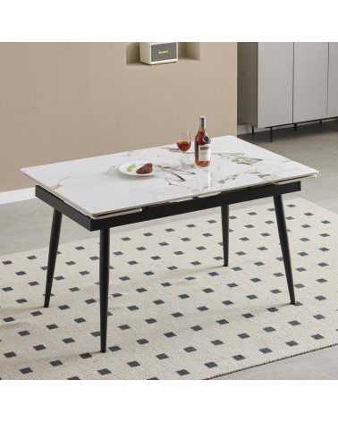 Tavolo allungabile Expandia con piano in ceramica e allunghe laterali effetto marmo bianco e gambe in metallo nero